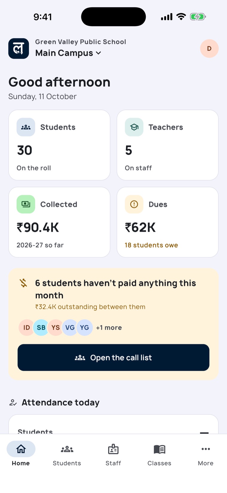 Lekhaa dashboard showing students, teachers, fees collected and dues for a sample school
