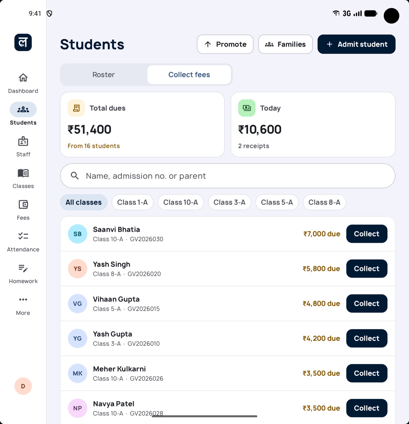 Collect fees screen on a tablet listing students with dues and a Collect button for each